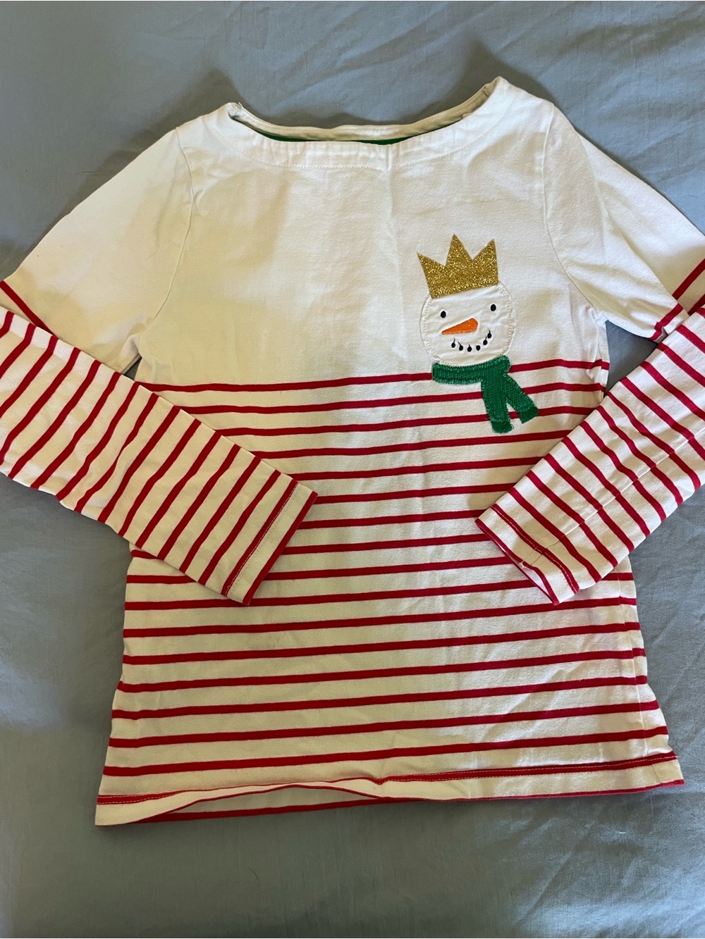 Mini Boden White & Red Striped Snowman Long-Sleeve Top